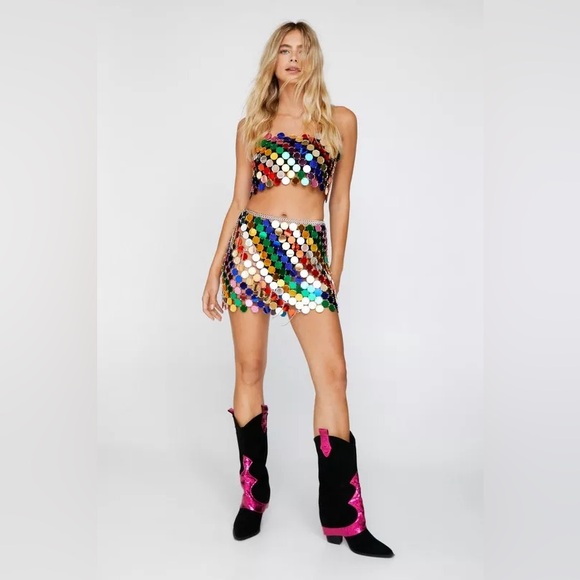 Nasty gal Rainbow Sequin Disc Mini Skirt Set